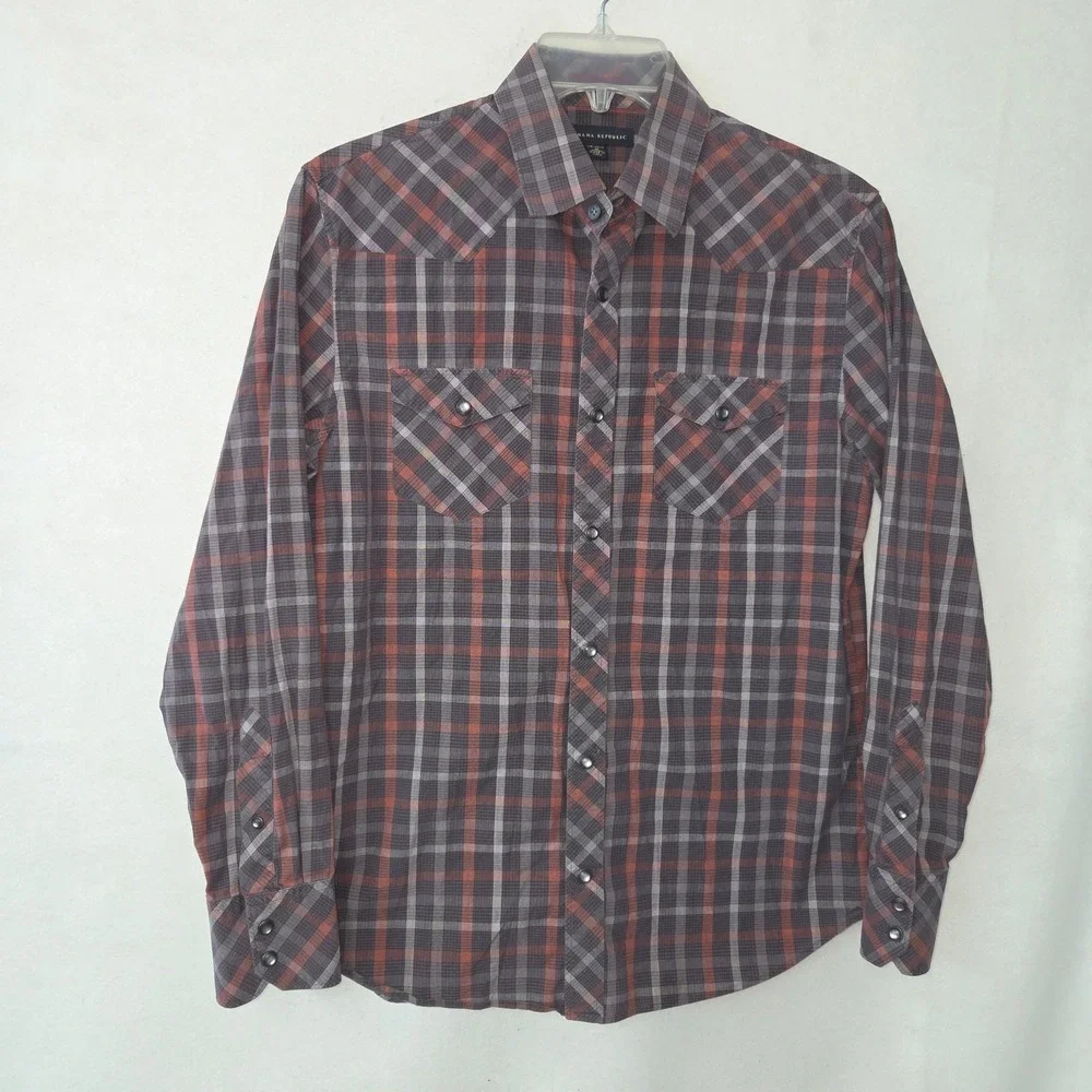 Banana Republic‎ Western Shirt Mens M Blue Brown Plaid Snap Front Rodeo Cowboy